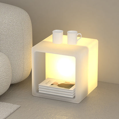 Modern Minimalist Plastic Geometric Cube Illuminated Nightstand 1-Storage Cabinet For Bedroom