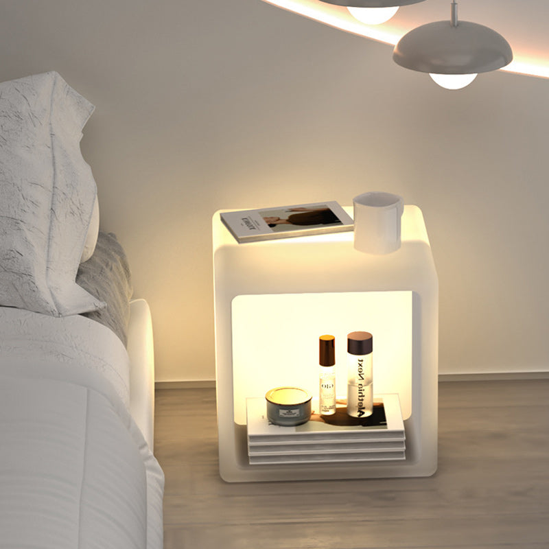 Modern Minimalist Plastic Geometric Cube Illuminated Nightstand 1-Storage Cabinet For Bedroom