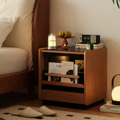 Contemporary Retro Cube Sintered Stone Top Cherry Wood Frame Nightstand 1-Drawer For Bedroom