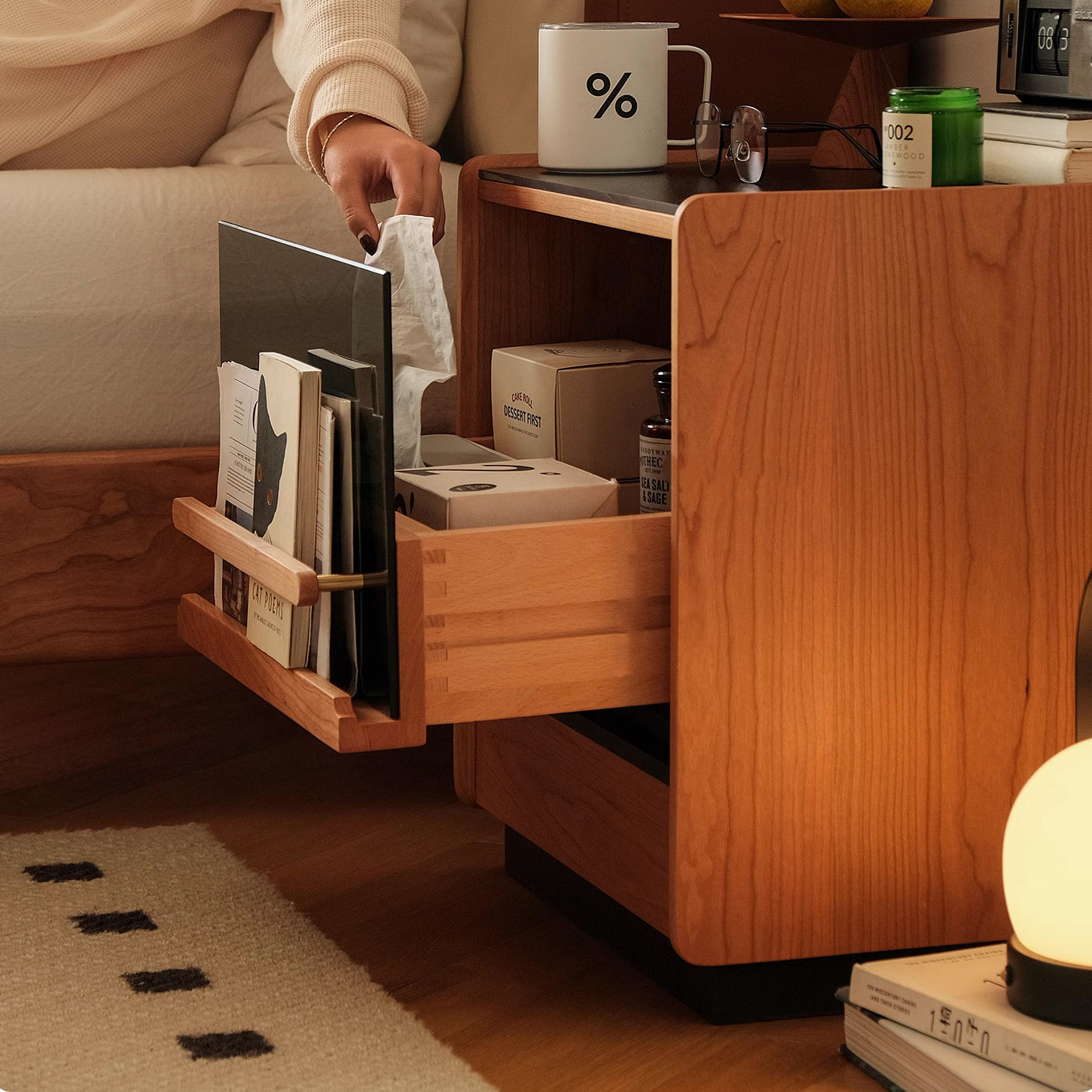 Contemporary Retro Cube Sintered Stone Top Cherry Wood Frame Nightstand 1-Drawer For Bedroom