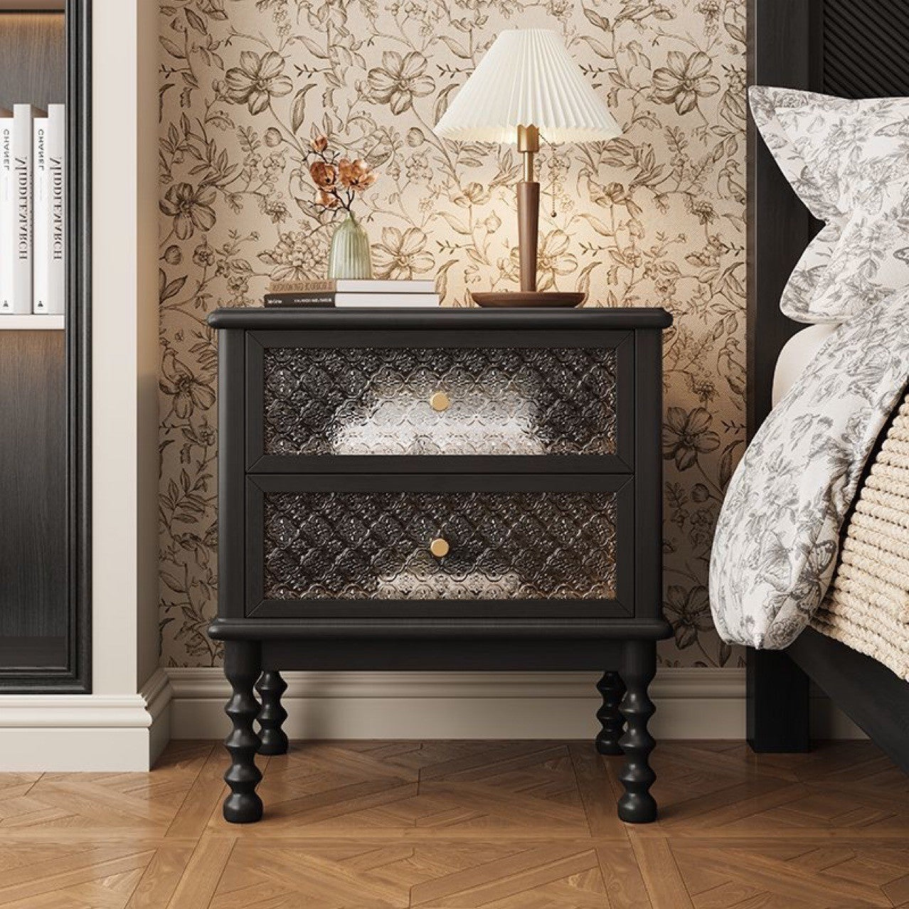 Traditional French Cube Solid Wood Glass Nightstand 2-Drawer For Bedroom