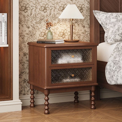 Traditional French Cube Solid Wood Glass Nightstand 2-Drawer For Bedroom