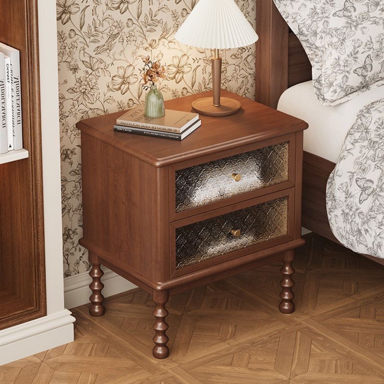 Traditional French Cube Solid Wood Glass Nightstand 2-Drawer For Bedroom