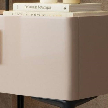 Contemporary Scandinavian Cream Rectangular Wood Rock Slab Microfiber Leather Nightstand 1-Drawer For Bedroom