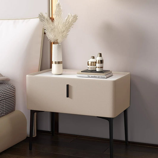 Contemporary Scandinavian Cream Rectangular Wood Rock Slab Microfiber Leather Nightstand 1-Drawer For Bedroom