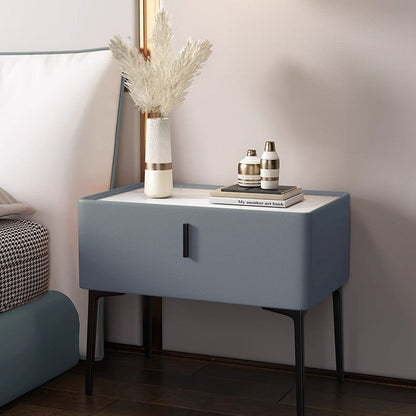 Contemporary Scandinavian Cream Rectangular Wood Rock Slab Microfiber Leather Nightstand 1-Drawer For Bedroom