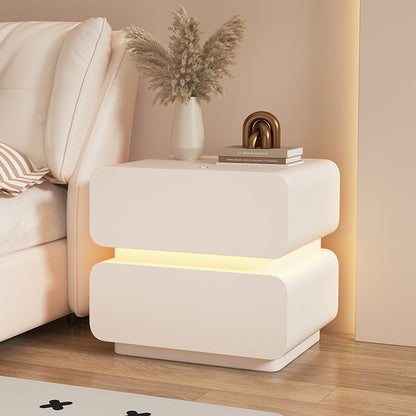 Contemporary Scandinavian Cream Sensor Light Square Wood Microfiber Leather Nightstand 2-Drawer For Bedroom