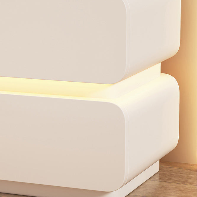 Contemporary Scandinavian Cream Sensor Light Square Wood Microfiber Leather Nightstand 2-Drawer For Bedroom