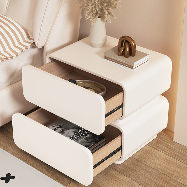 Contemporary Scandinavian Cream Sensor Light Square Wood Microfiber Leather Nightstand 2-Drawer For Bedroom