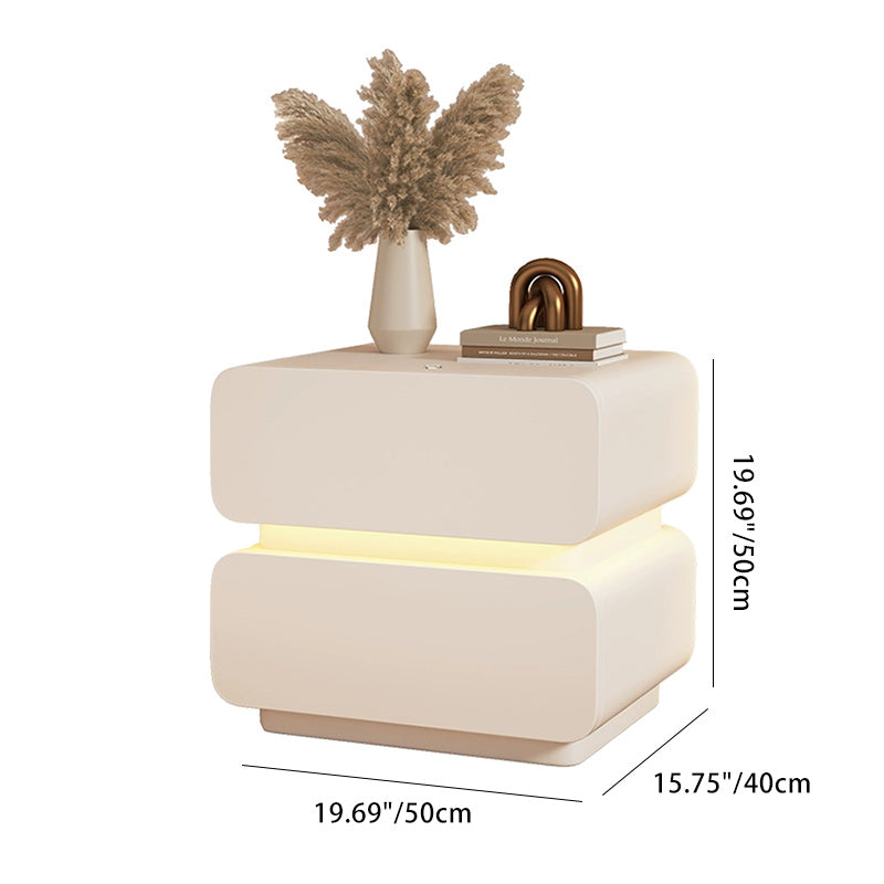 Contemporary Scandinavian Cream Sensor Light Square Wood Microfiber Leather Nightstand 2-Drawer For Bedroom