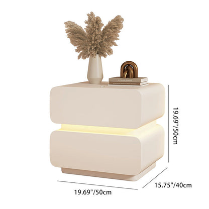 Contemporary Scandinavian Cream Sensor Light Square Wood Microfiber Leather Nightstand 2-Drawer For Bedroom