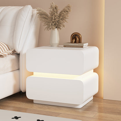 Contemporary Scandinavian Cream Sensor Light Square Wood Microfiber Leather Nightstand 2-Drawer For Bedroom