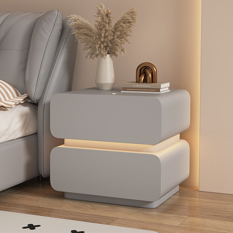 Contemporary Scandinavian Cream Sensor Light Square Wood Microfiber Leather Nightstand 2-Drawer For Bedroom