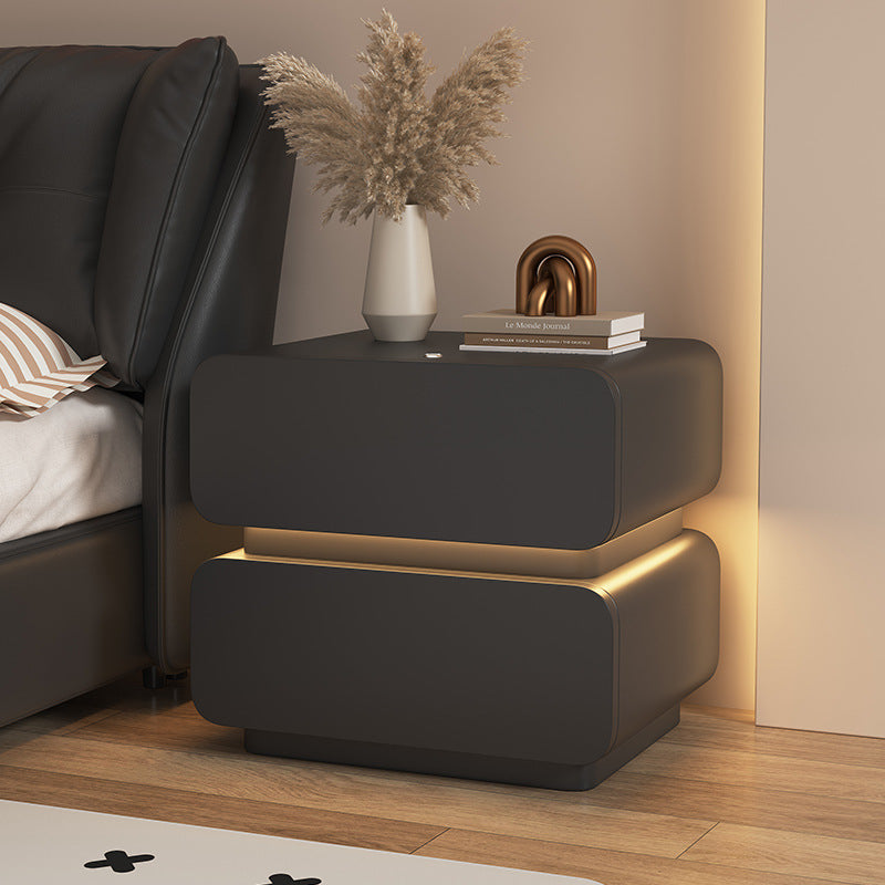 Contemporary Scandinavian Cream Sensor Light Square Wood Microfiber Leather Nightstand 2-Drawer For Bedroom