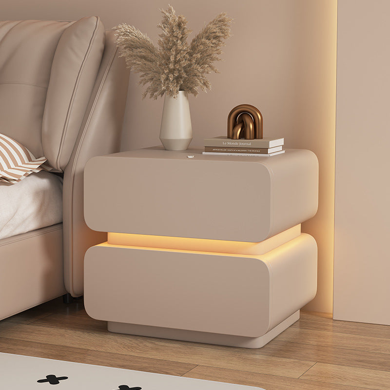 Contemporary Scandinavian Cream Sensor Light Square Wood Microfiber Leather Nightstand 2-Drawer For Bedroom