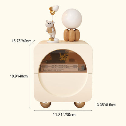 Contemporary Scandinavian Cream Cute Square Density Plate Glass Wood Stainless Steel Nightstand 2-Drawer For Bedroom