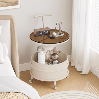 Contemporary Scandinavian Removable Cream Round Cylinder Iron Stainless Steel Glass Side Table 2-Tier For Bedroom