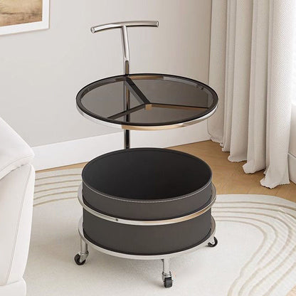 Contemporary Scandinavian Removable Cream Round Cylinder Iron Stainless Steel Glass Side Table 2-Tier For Bedroom