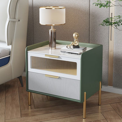 Contemporary Nordic Square Wood Rock Slab Veneer Glass Hardware Stainless Steel Nightstand 2-Drawer For Bedroom