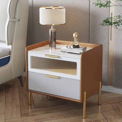 Contemporary Nordic Square Wood Rock Slab Veneer Glass Hardware Stainless Steel Nightstand 2-Drawer For Bedroom