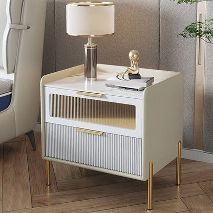 Contemporary Nordic Square Wood Rock Slab Veneer Glass Hardware Stainless Steel Nightstand 2-Drawer For Bedroom