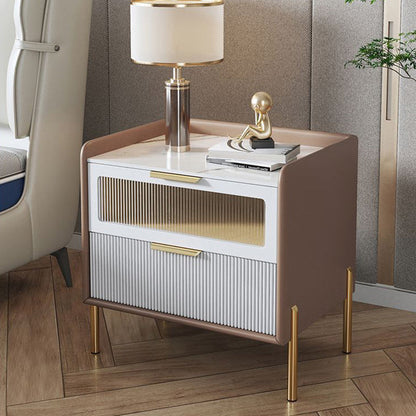 Contemporary Nordic Square Wood Rock Slab Veneer Glass Hardware Stainless Steel Nightstand 2-Drawer For Bedroom