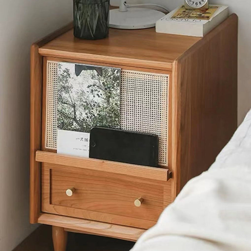Traditional Japanese Square Rectangle Rattan Wood Nightstand 2-Drawer For Bedroom