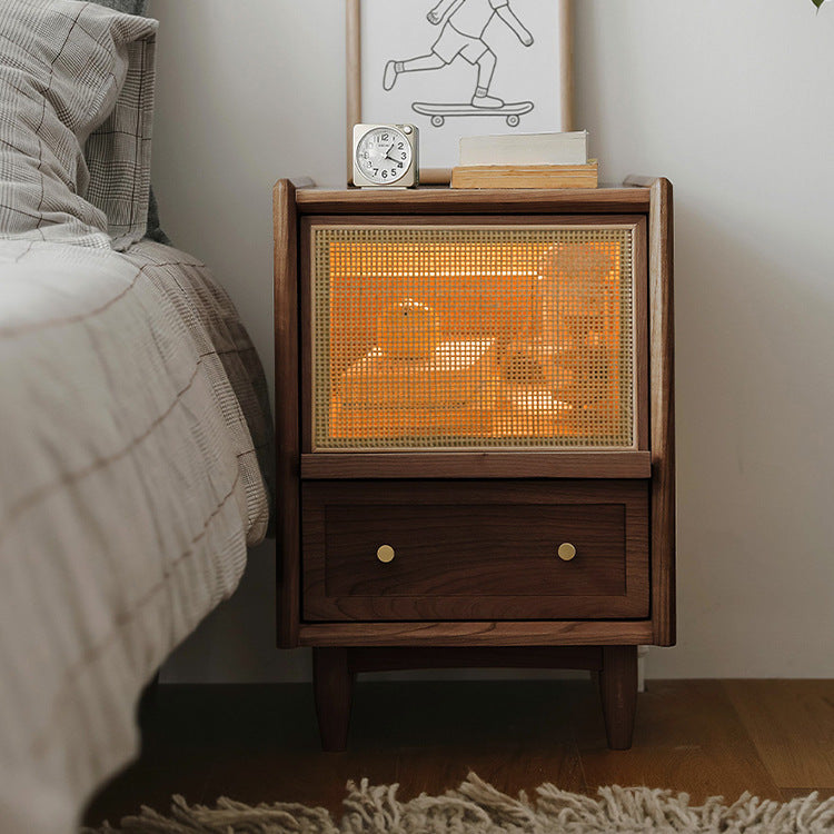 Traditional Japanese Square Rectangle Rattan Wood Nightstand 2-Drawer For Bedroom