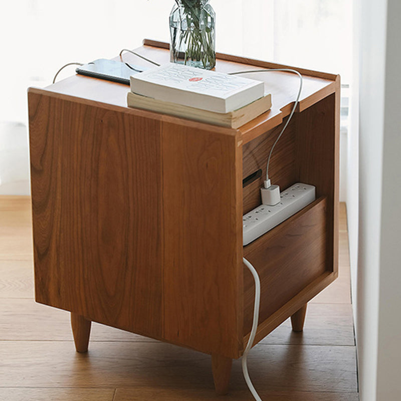 Traditional Japanese Square Rectangle Rattan Wood Nightstand 2-Drawer For Bedroom