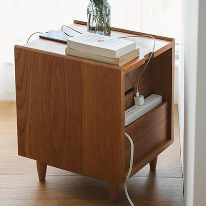 Traditional Japanese Square Rectangle Rattan Wood Nightstand 2-Drawer For Bedroom