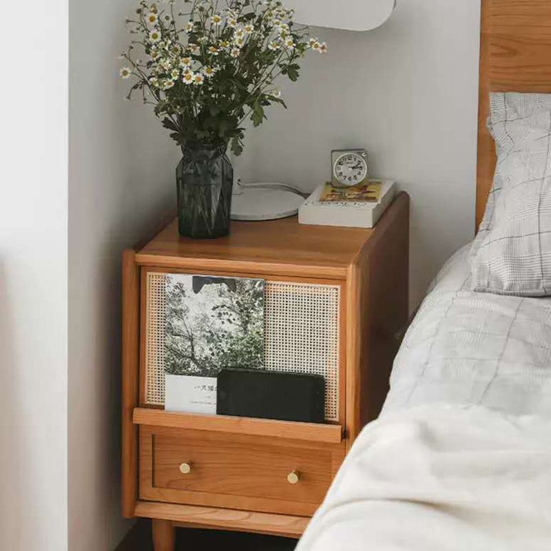 Traditional Japanese Square Rectangle Rattan Wood Nightstand 2-Drawer For Bedroom