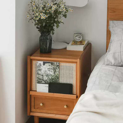 Traditional Japanese Square Rectangle Rattan Wood Nightstand 2-Drawer For Bedroom