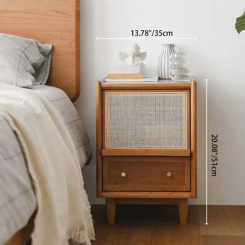 Traditional Japanese Square Rectangle Rattan Wood Nightstand 2-Drawer For Bedroom