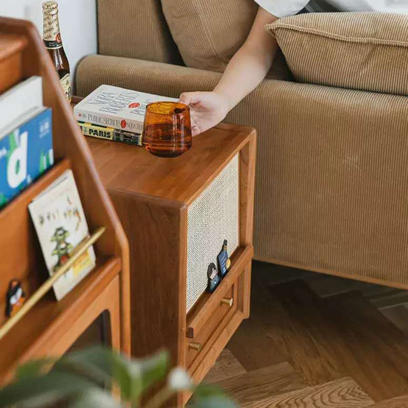 Traditional Japanese Square Rectangle Rattan Wood Nightstand 2-Drawer For Bedroom