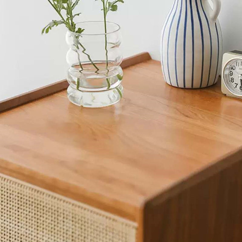 Traditional Japanese Square Rectangle Rattan Wood Nightstand 2-Drawer For Bedroom