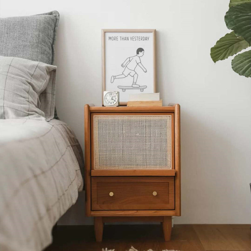 Traditional Japanese Square Rectangle Rattan Wood Nightstand 2-Drawer For Bedroom