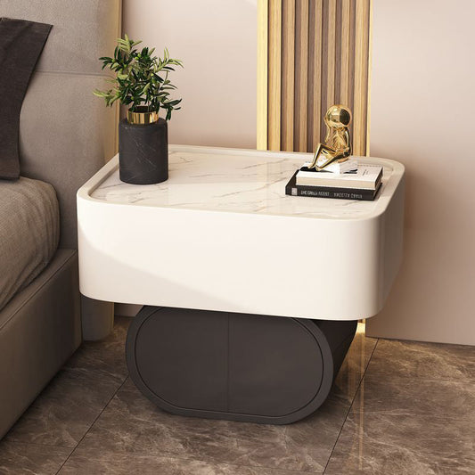 Contemporary Nordic Rectangular Oval Wood Rock Slab Microfiber Leather Nightstand 2-Drawer For Bedroom