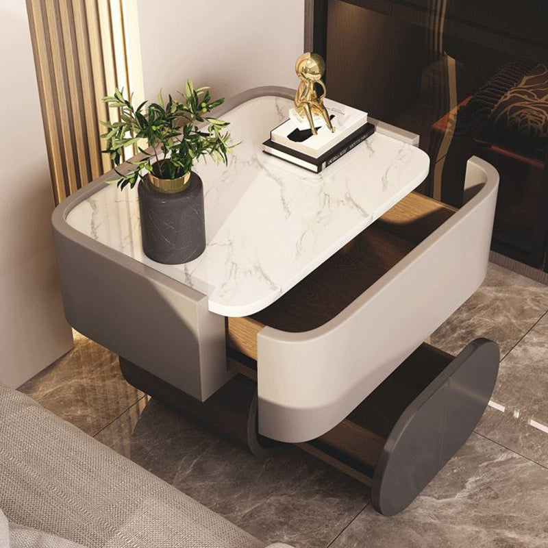 Contemporary Nordic Rectangular Oval Wood Rock Slab Microfiber Leather Nightstand 2-Drawer For Bedroom
