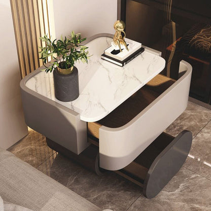 Contemporary Nordic Rectangular Oval Wood Rock Slab Microfiber Leather Nightstand 2-Drawer For Bedroom