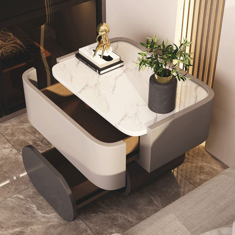 Contemporary Nordic Rectangular Oval Wood Rock Slab Microfiber Leather Nightstand 2-Drawer For Bedroom
