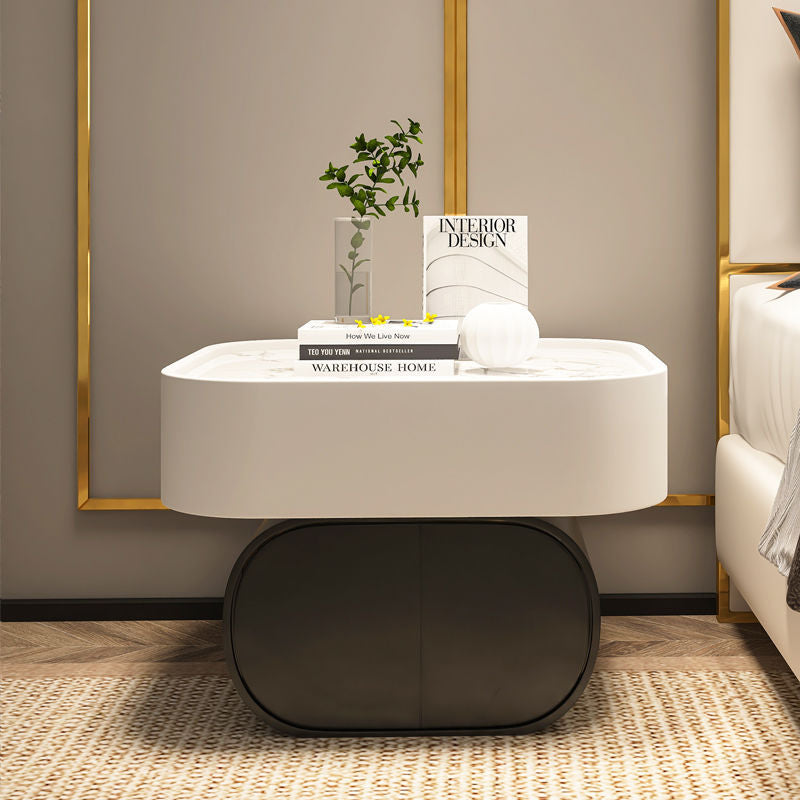 Contemporary Nordic Rectangular Oval Wood Rock Slab Microfiber Leather Nightstand 2-Drawer For Bedroom