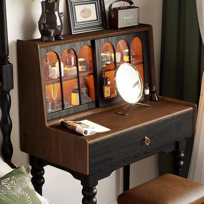 Traditional Vintage Rectangular Wood Glass Makeup Vanity 1-Drawer For Bedroom