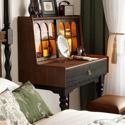 Traditional Vintage Rectangular Wood Glass Makeup Vanity 1-Drawer For Bedroom