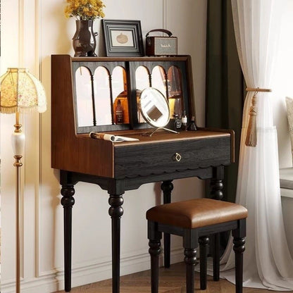 Traditional Vintage Rectangular Wood Glass Makeup Vanity 1-Drawer For Bedroom