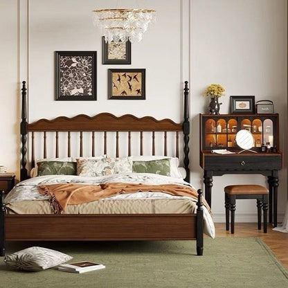 Traditional Vintage Rectangular Wood Glass Makeup Vanity 1-Drawer For Bedroom