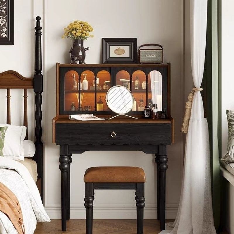 Traditional Vintage Rectangular Wood Glass Makeup Vanity 1-Drawer For Bedroom