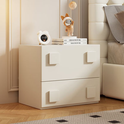 Modern Minimalist Cream Square Wood Nightstand 2-Drawer For Bedroom