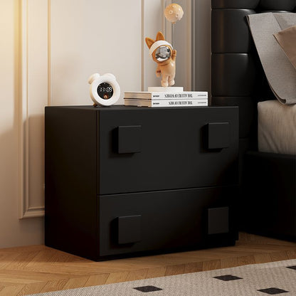 Modern Minimalist Cream Square Wood Nightstand 2-Drawer For Bedroom