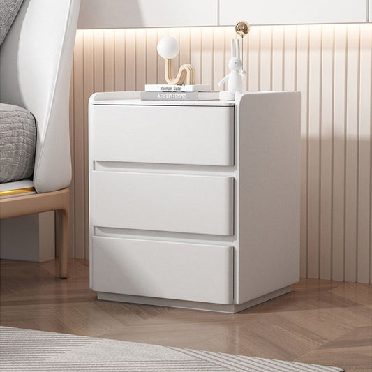 Modern Minimalist Rectangular Wood Microfiber Leather Rock Slab Nightstand 3-Drawer For Bedroom