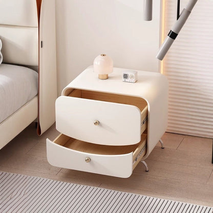 Modern Minimalist Cream Rectangle Square Wood Veneer Hardware Nightstand 2-Drawer For Bedroom